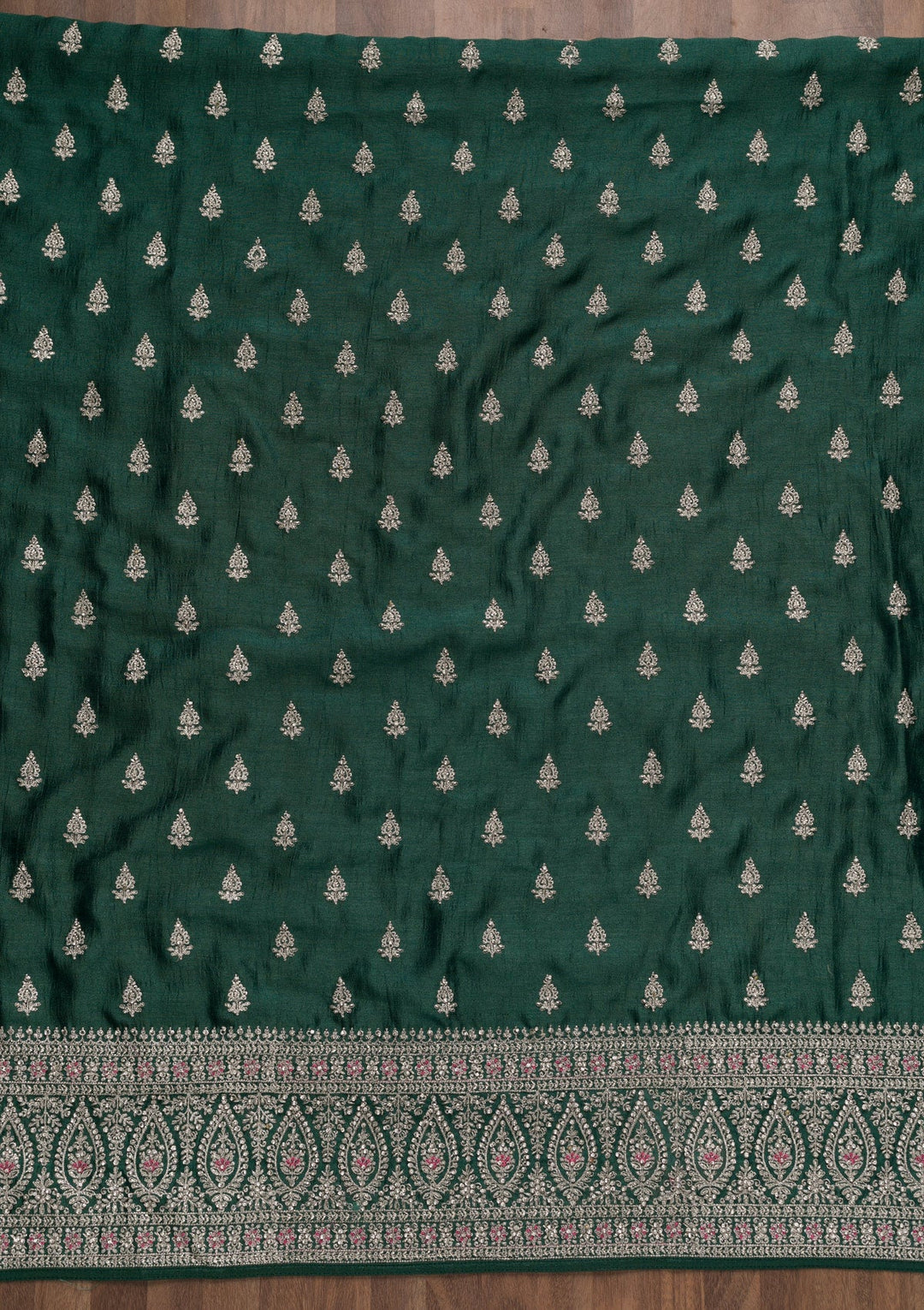 Bottle Green Zariwork Raw Silk Unstitched Salwar Suit-Koskii