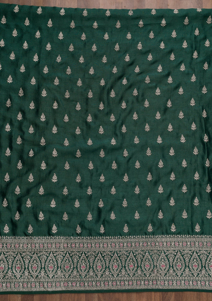 Bottle Green Zariwork Raw Silk Unstitched Salwar Suit-Koskii
