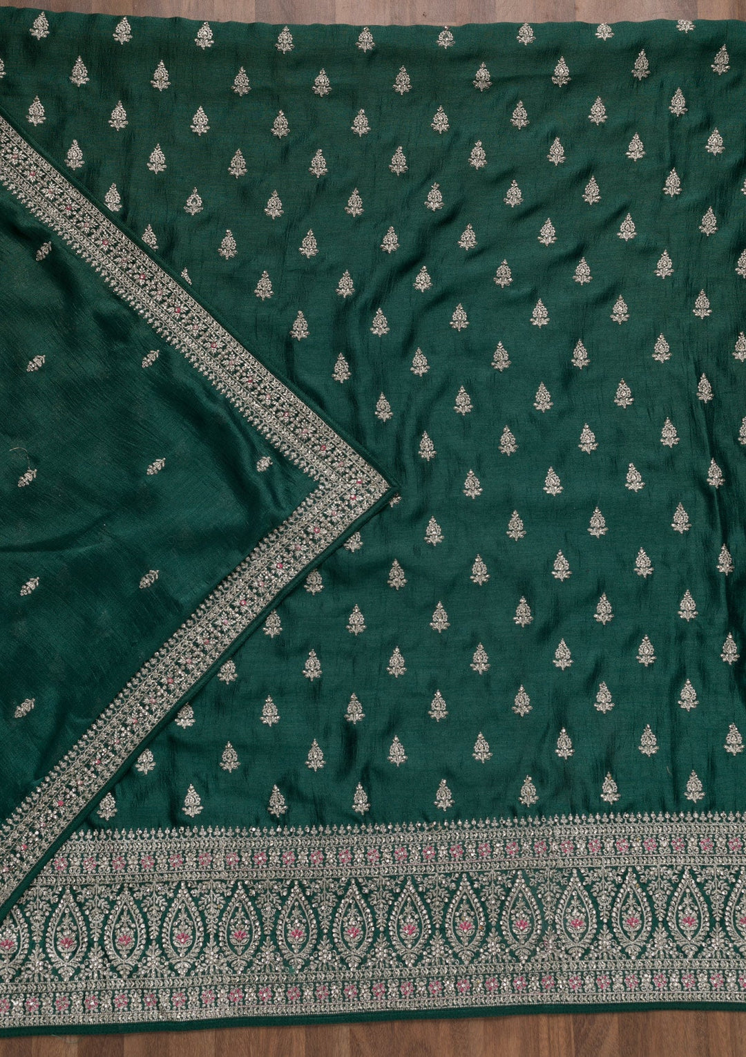 Bottle Green Zariwork Raw Silk Unstitched Salwar Suit-Koskii