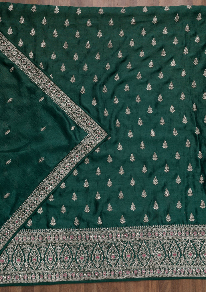 Bottle Green Zariwork Raw Silk Unstitched Salwar Suit-Koskii