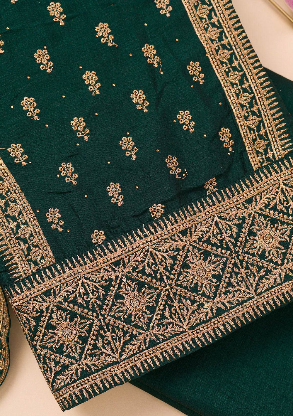 Bottle Green Zariwork Raw Silk Unstitched Salwar Suit-Koskii