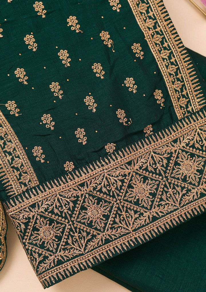 Bottle Green Zariwork Raw Silk Unstitched Salwar Suit-Koskii