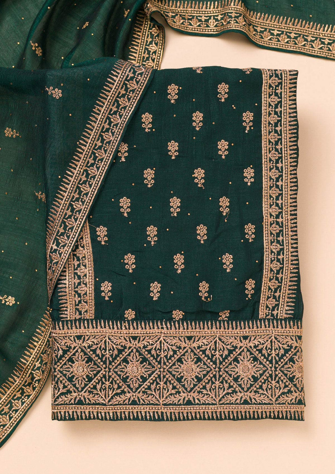 Bottle Green Zariwork Raw Silk Unstitched Salwar Suit-Koskii
