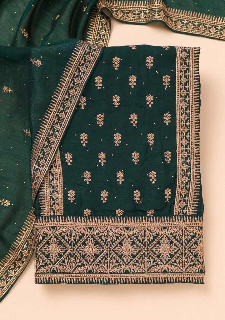 Bottle Green Zariwork Raw Silk Unstitched Salwar Suit-Koskii
