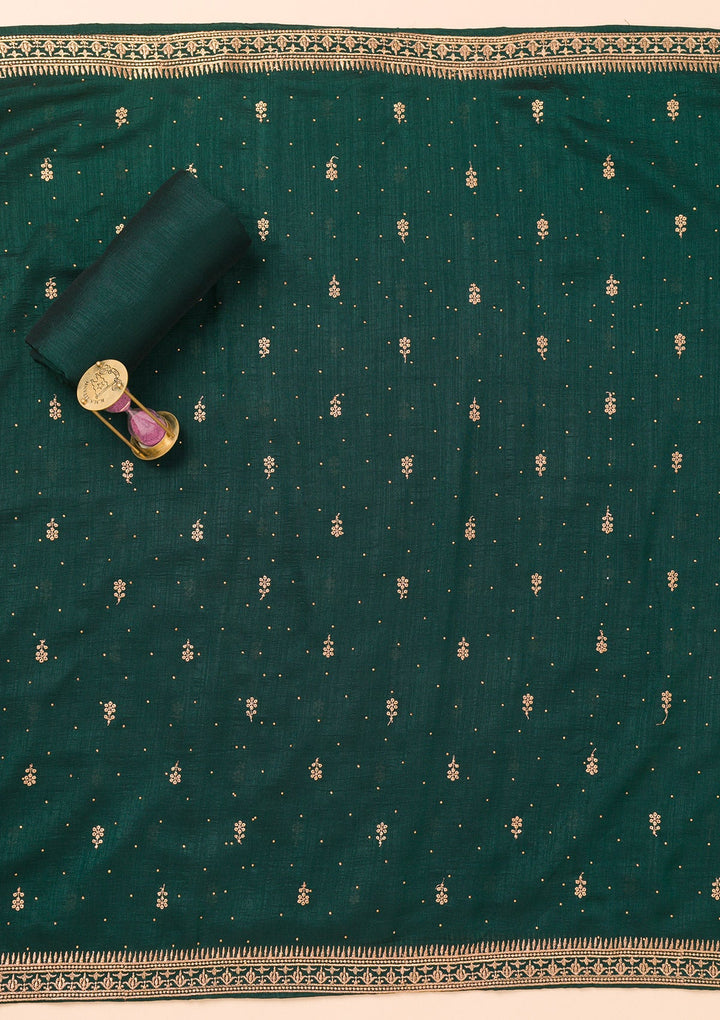 Bottle Green Zariwork Raw Silk Unstitched Salwar Suit-Koskii