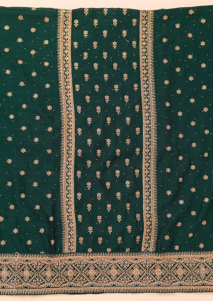 Bottle Green Zariwork Raw Silk Unstitched Salwar Suit-Koskii