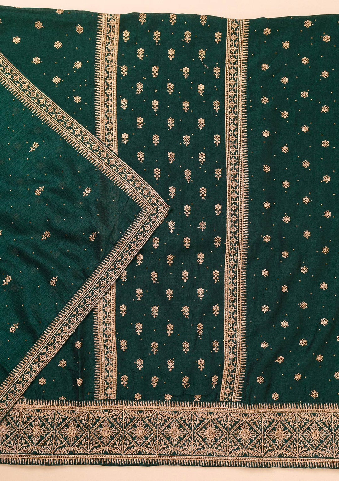 Bottle Green Zariwork Raw Silk Unstitched Salwar Suit-Koskii