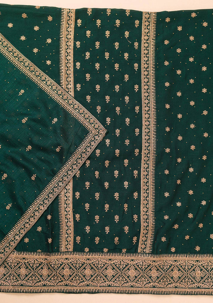 Bottle Green Zariwork Raw Silk Unstitched Salwar Suit-Koskii
