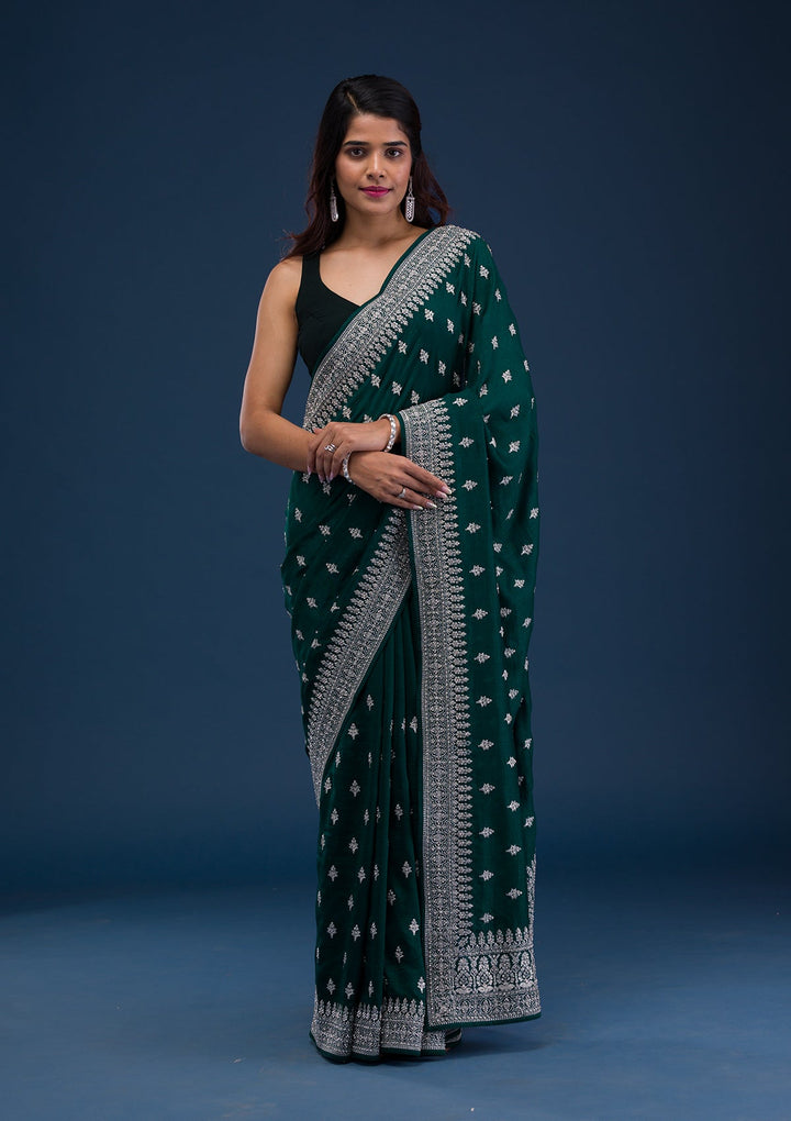 Bottle Green Zariwork Raw Silk Saree-Koskii