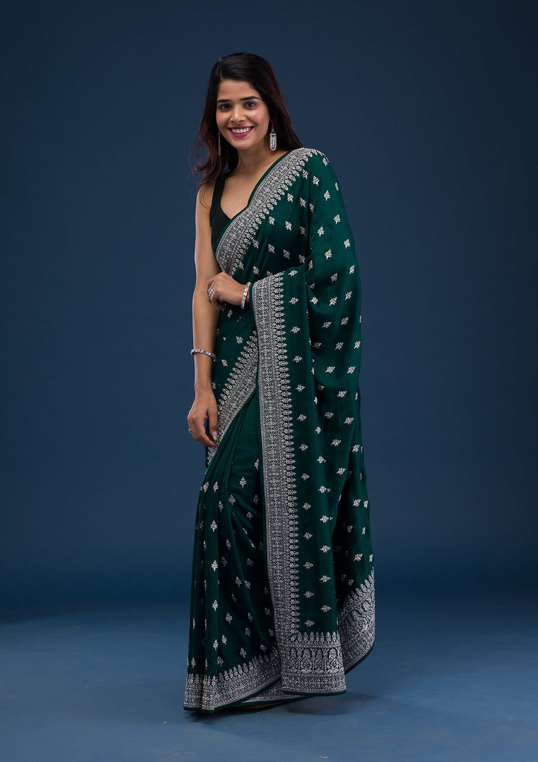 Bottle Green Zariwork Raw Silk Saree-Koskii