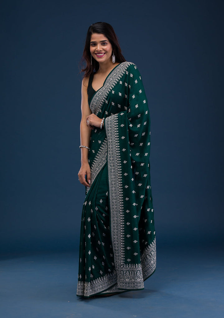 Bottle Green Zariwork Raw Silk Saree-Koskii