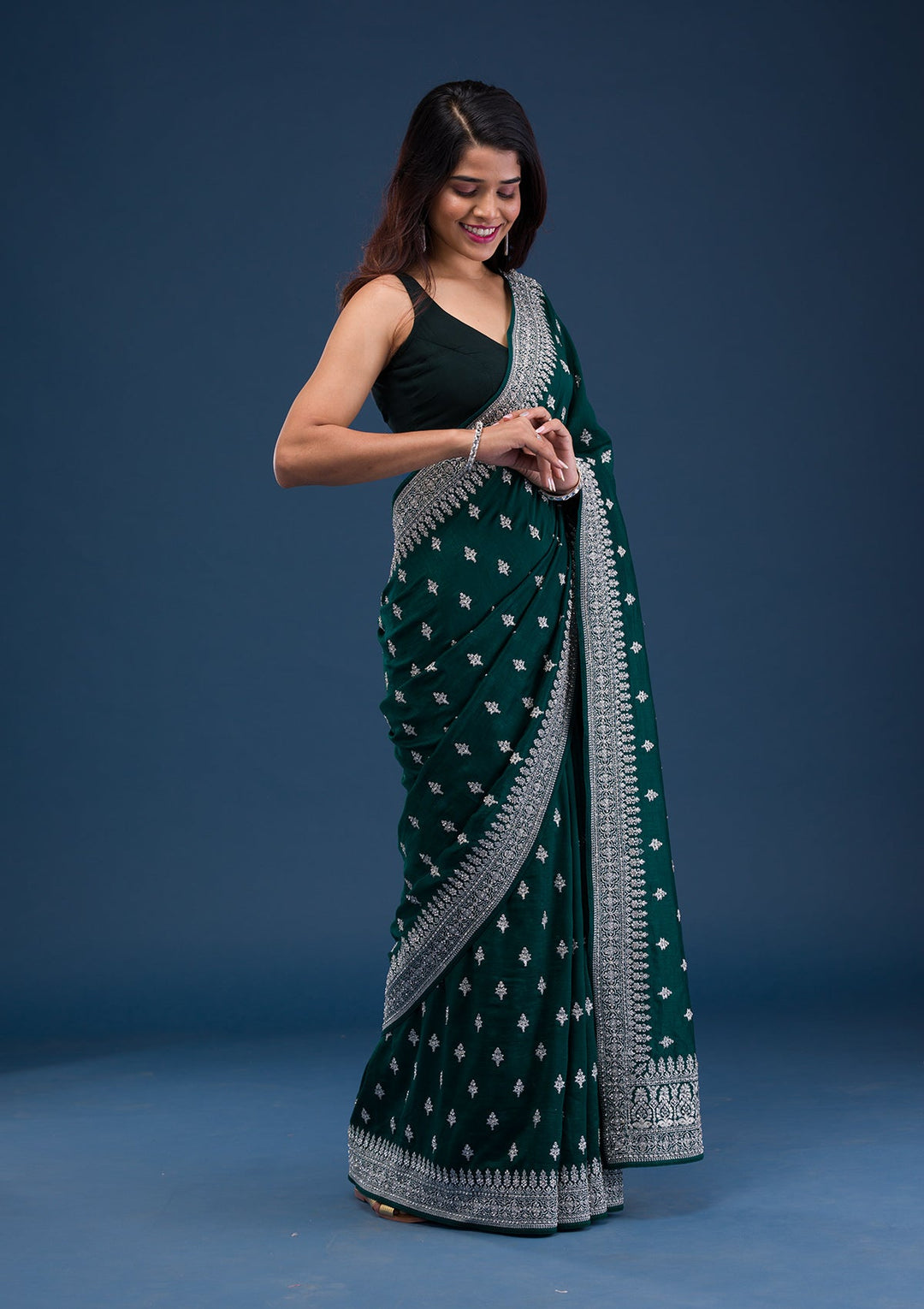 Bottle Green Zariwork Raw Silk Saree-Koskii
