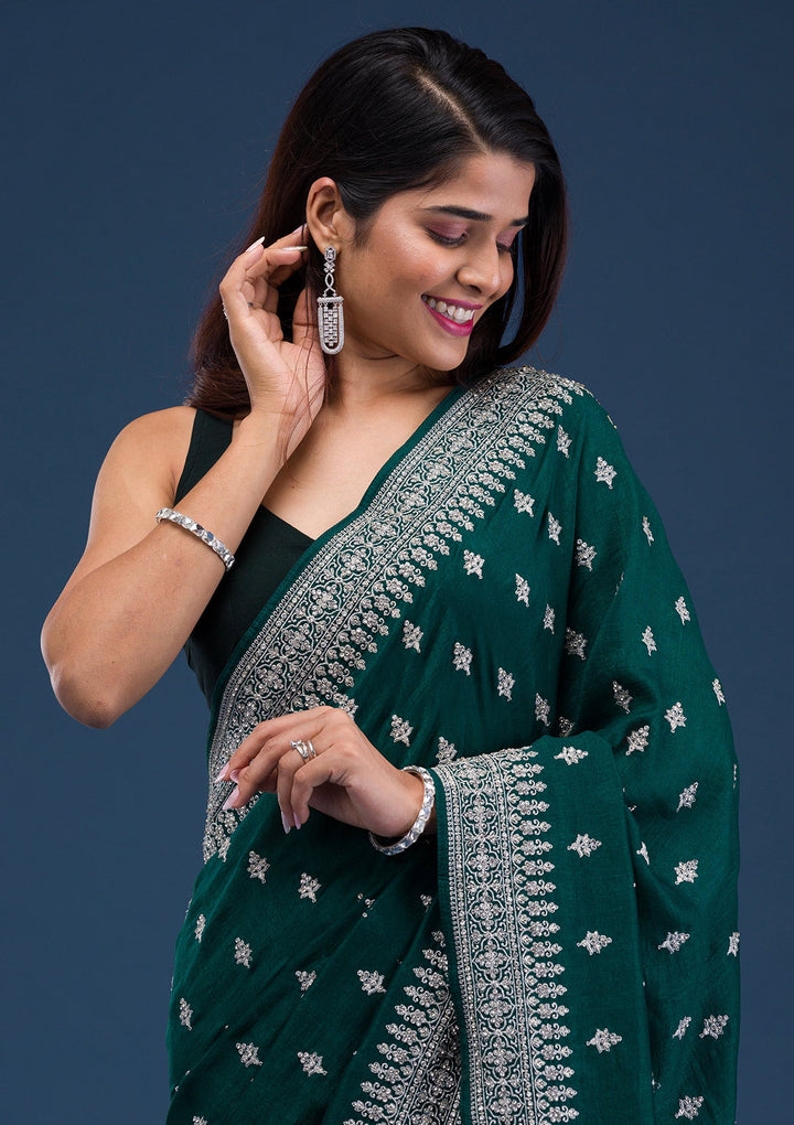 Bottle Green Zariwork Raw Silk Saree-Koskii