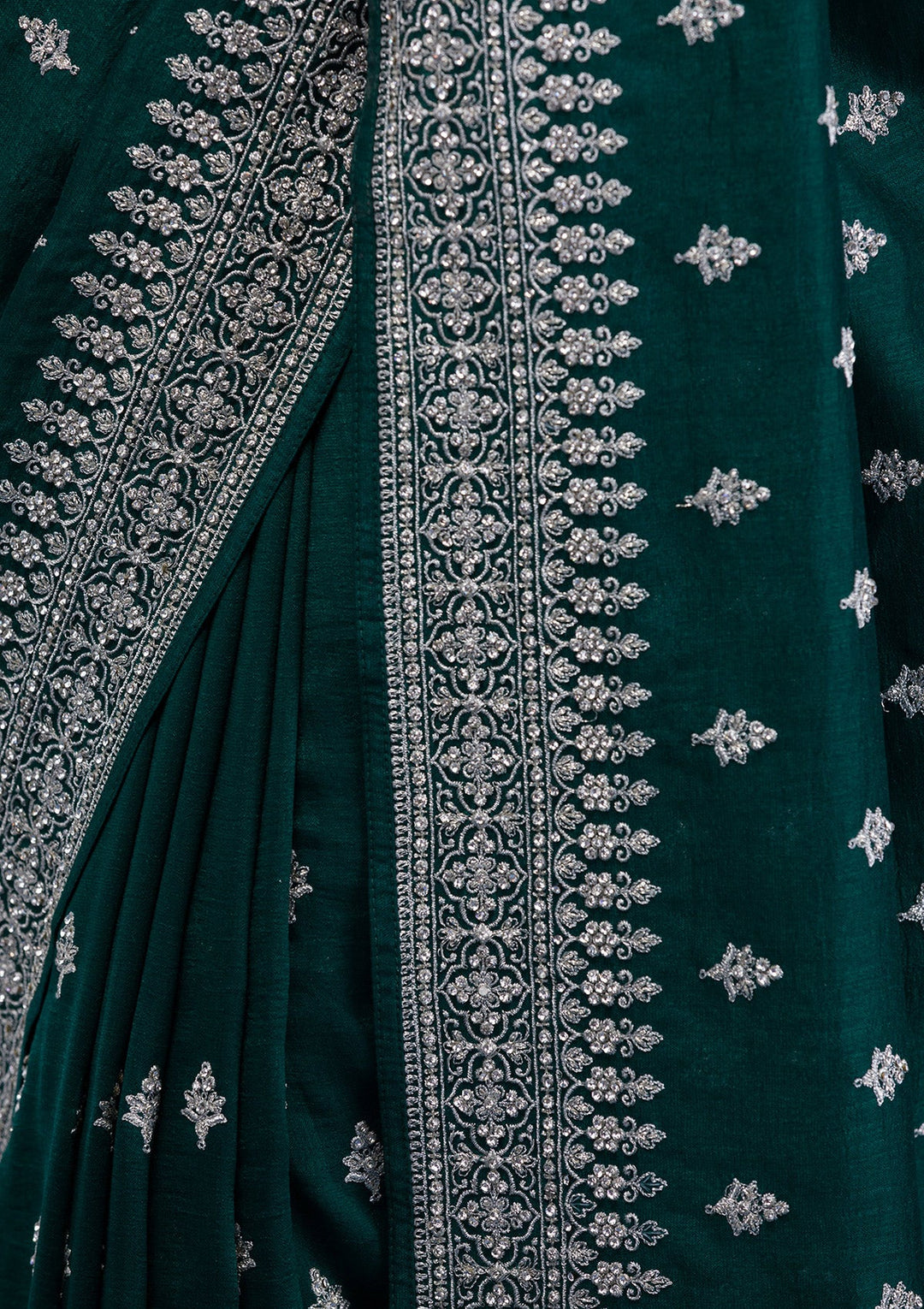 Bottle Green Zariwork Raw Silk Saree-Koskii
