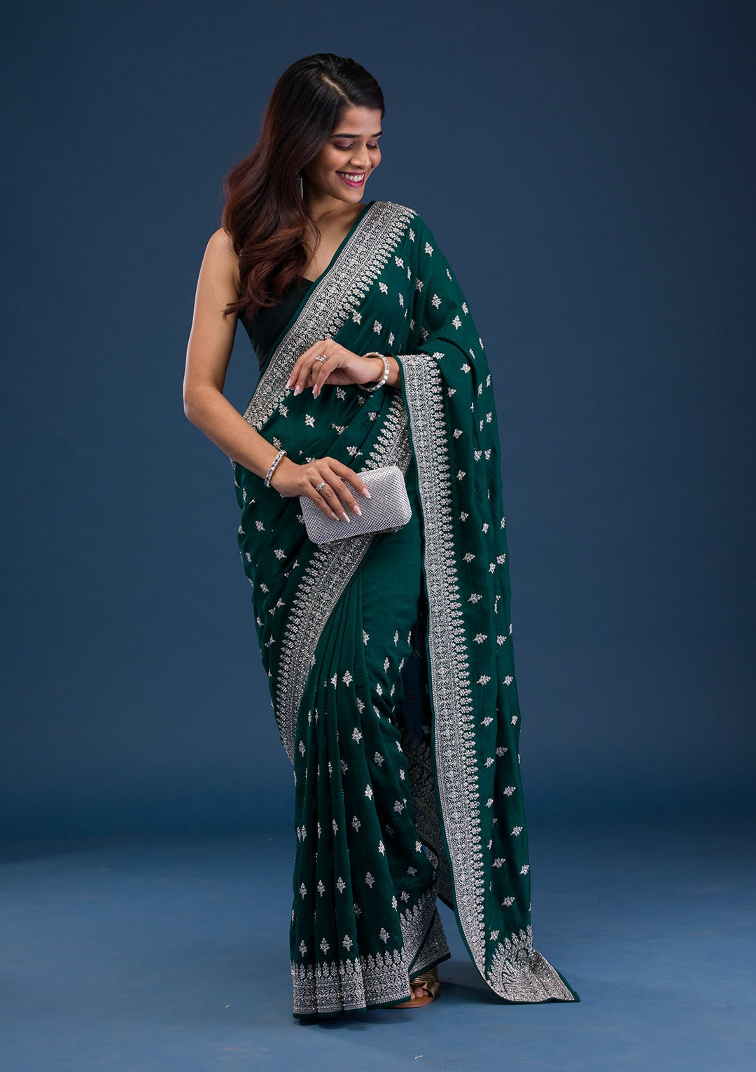 Bottle Green Zariwork Raw Silk Saree-Koskii