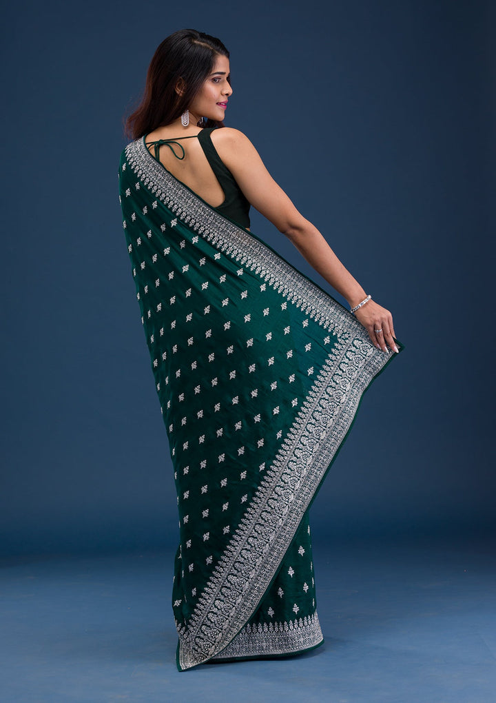 Bottle Green Zariwork Raw Silk Saree-Koskii