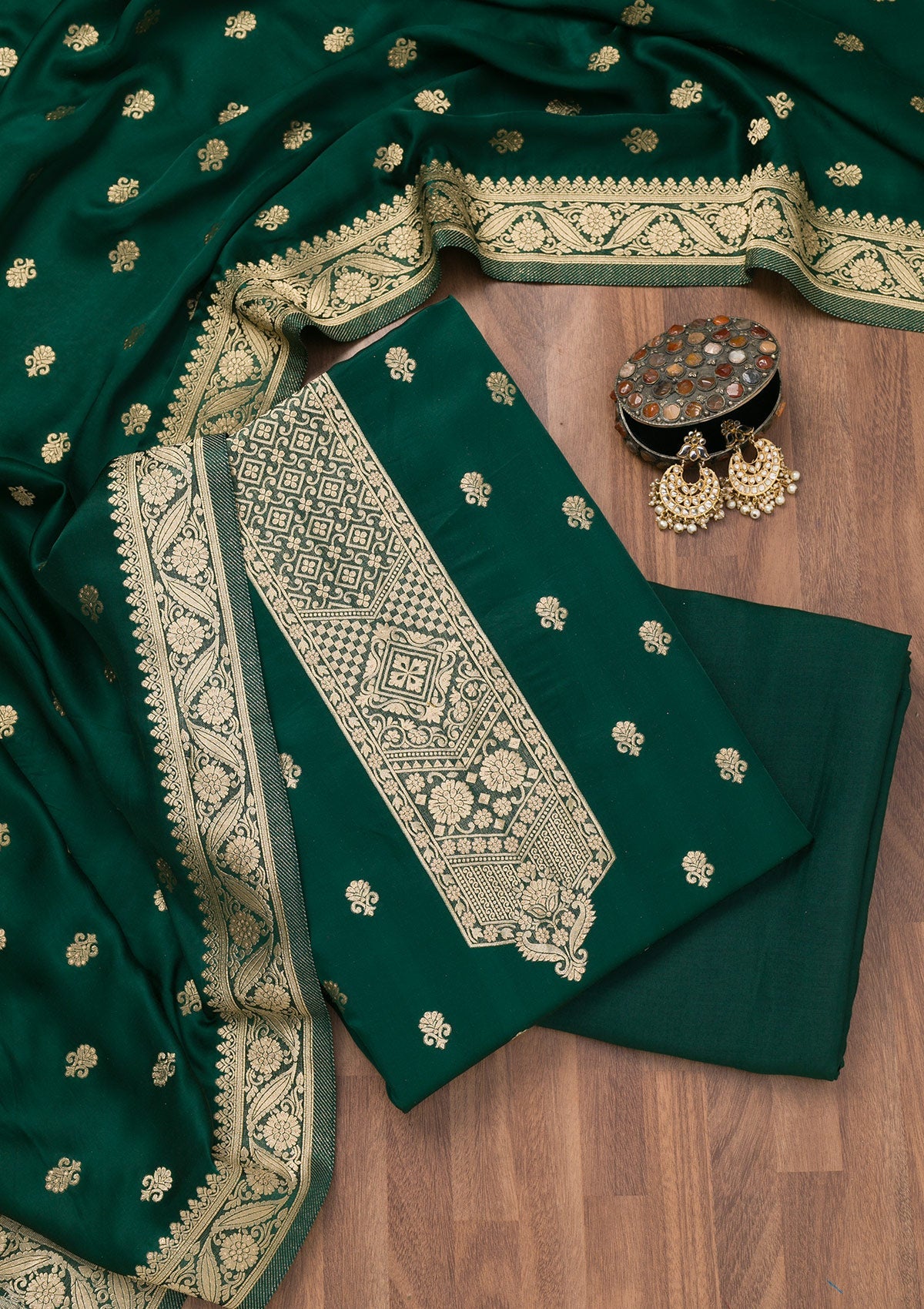 Bottle Green Zariwork Semi Crepe Unstitched Salwar Suit-Koskii