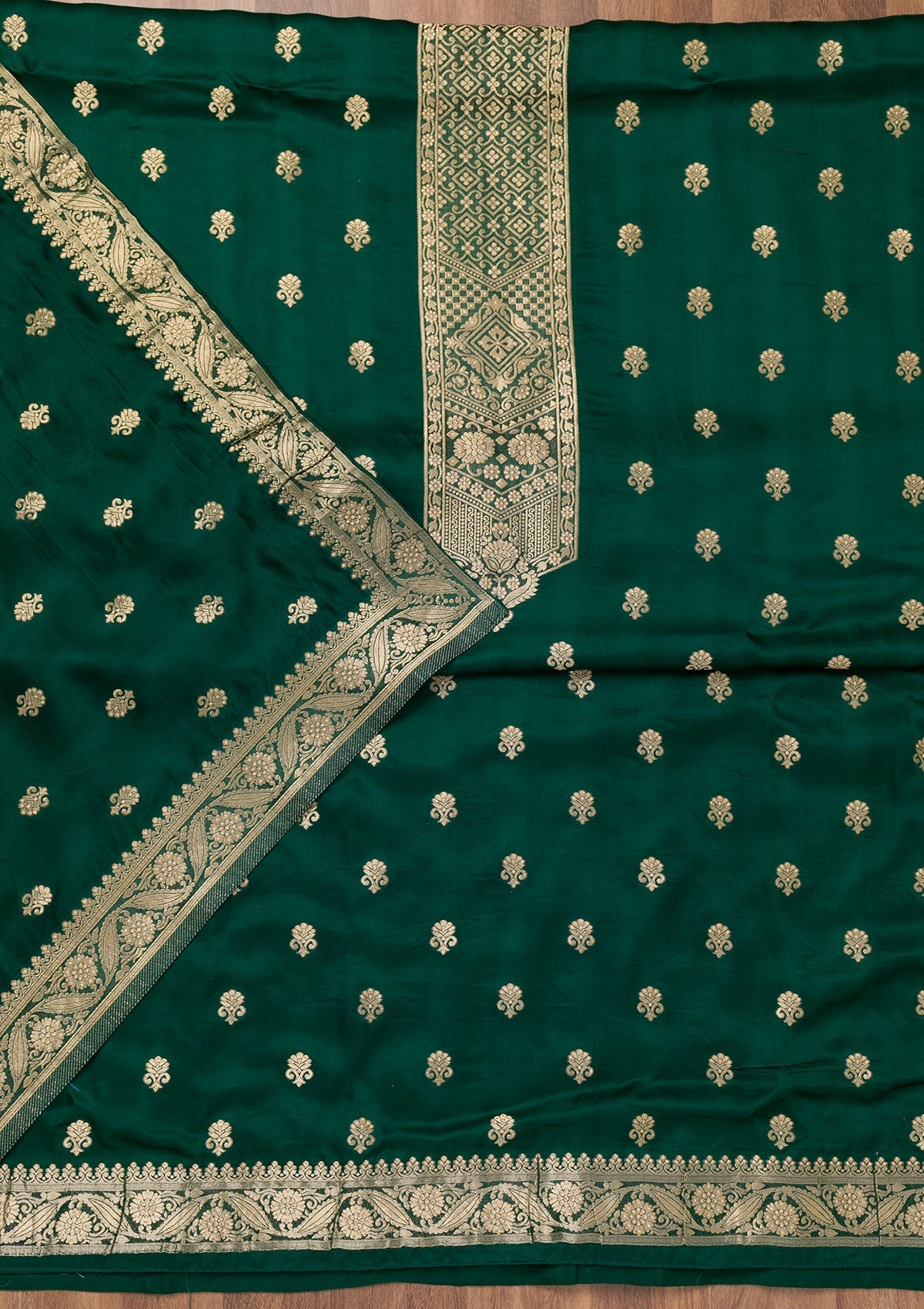 Bottle Green Zariwork Semi Crepe Unstitched Salwar Suit-Koskii