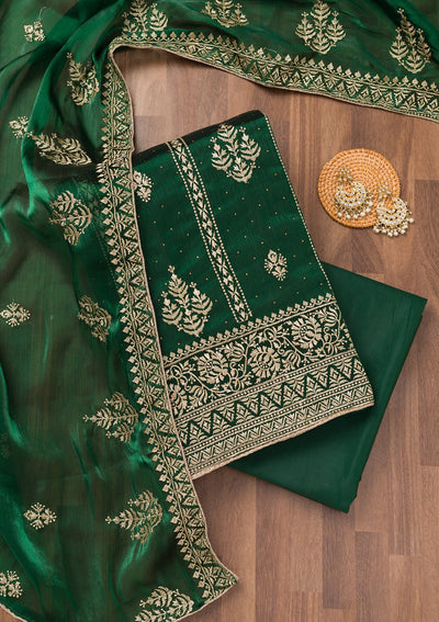 Bottle Green Zariwork Semi Crepe Unstitched Salwar Suit-Koskii