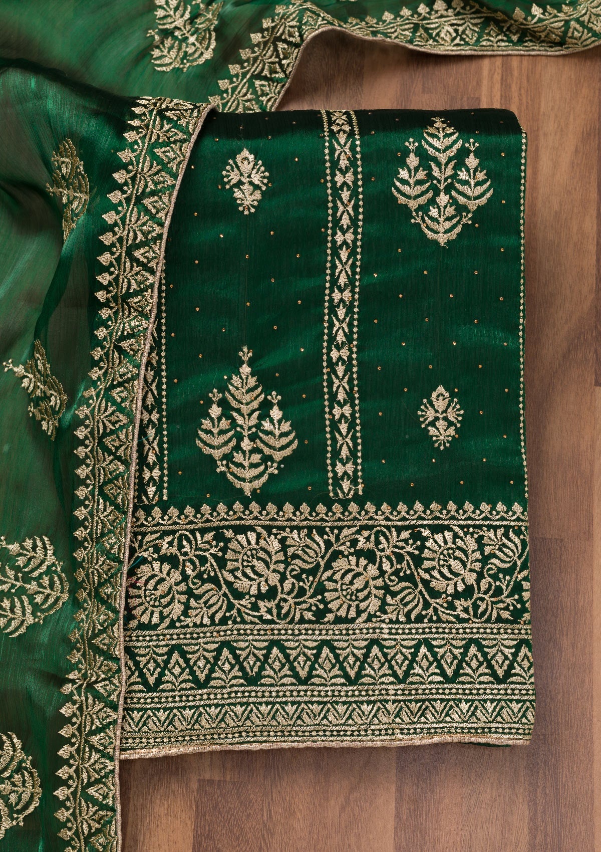 Bottle Green Zariwork Semi Crepe Unstitched Salwar Suit-Koskii