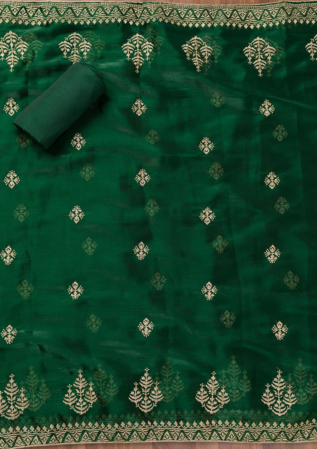 Bottle Green Zariwork Semi Crepe Unstitched Salwar Suit-Koskii