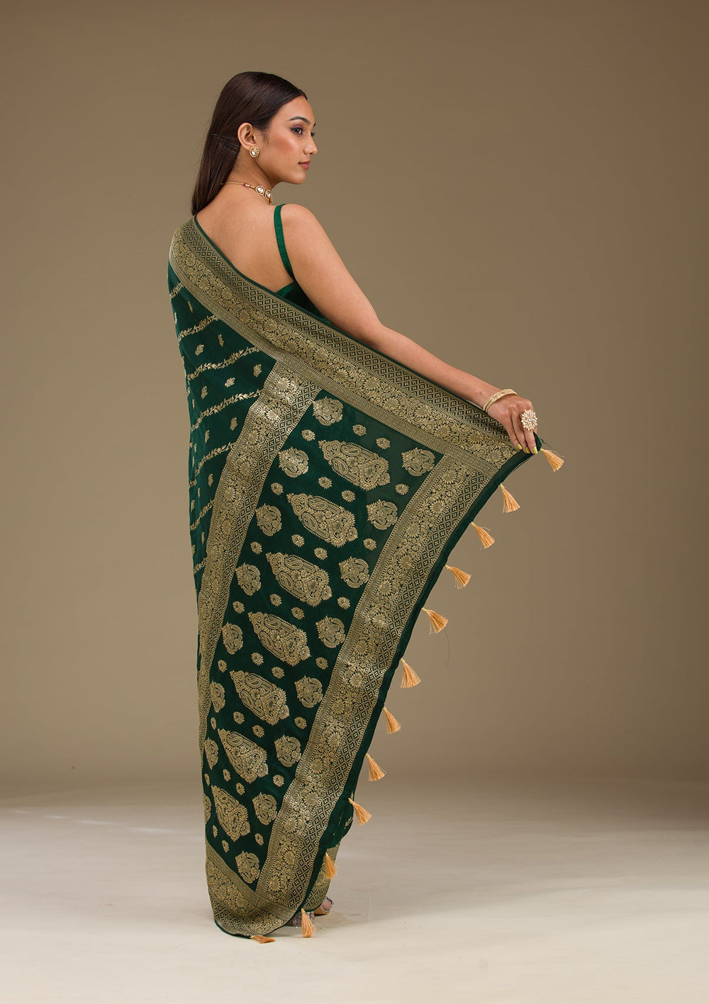 Bottle Green Zariwork Semi Crepe Saree-Koskii