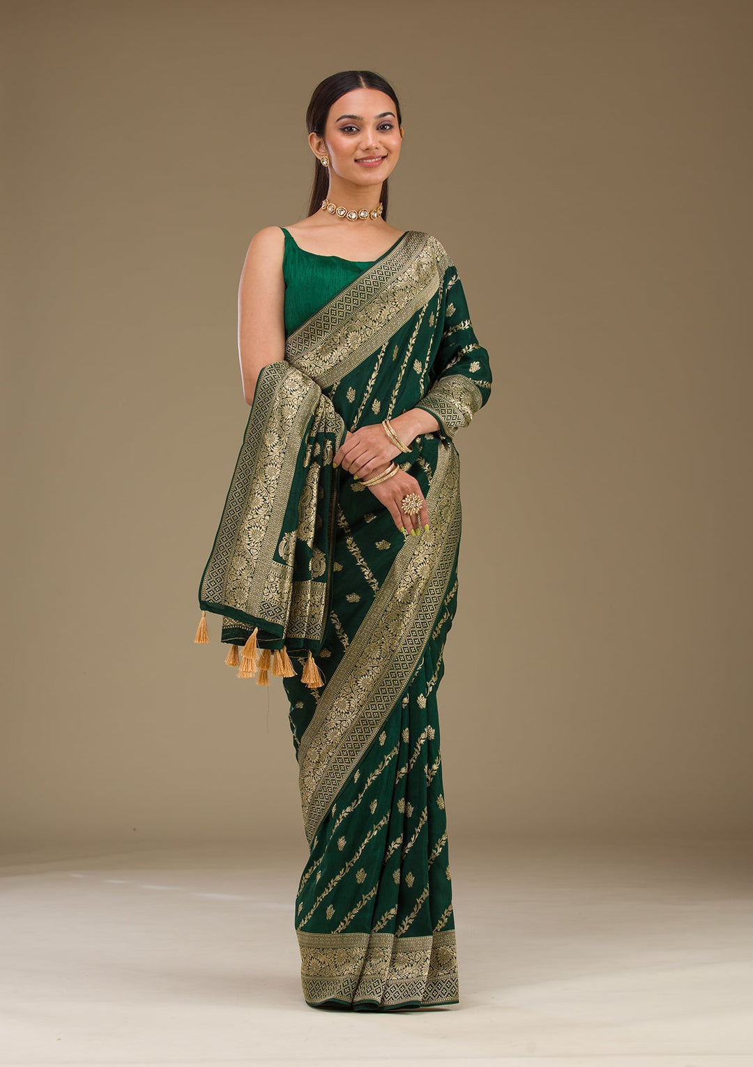 Bottle Green Zariwork Semi Crepe Saree-Koskii