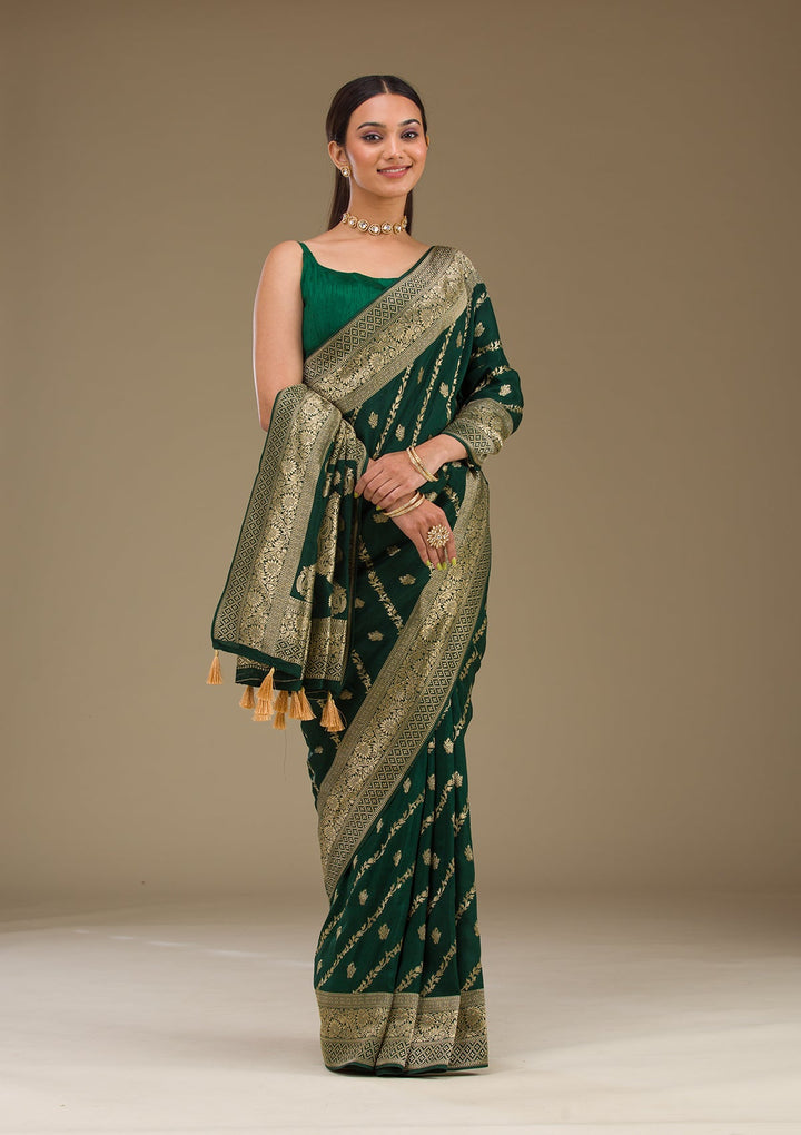 Bottle Green Zariwork Semi Crepe Saree-Koskii