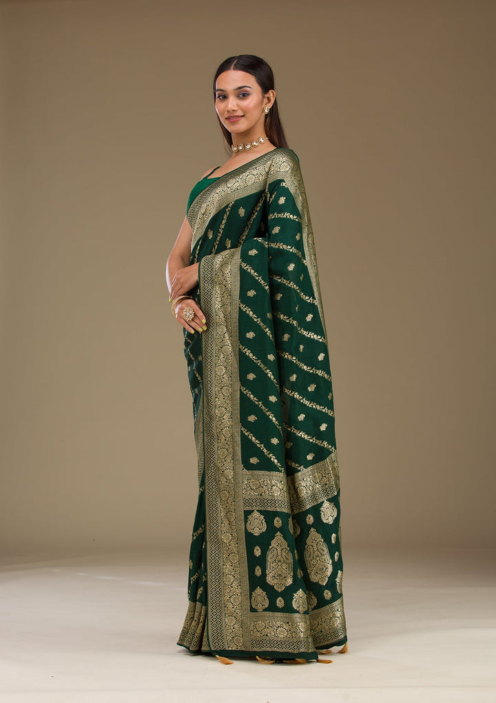 Bottle Green Zariwork Semi Crepe Saree-Koskii
