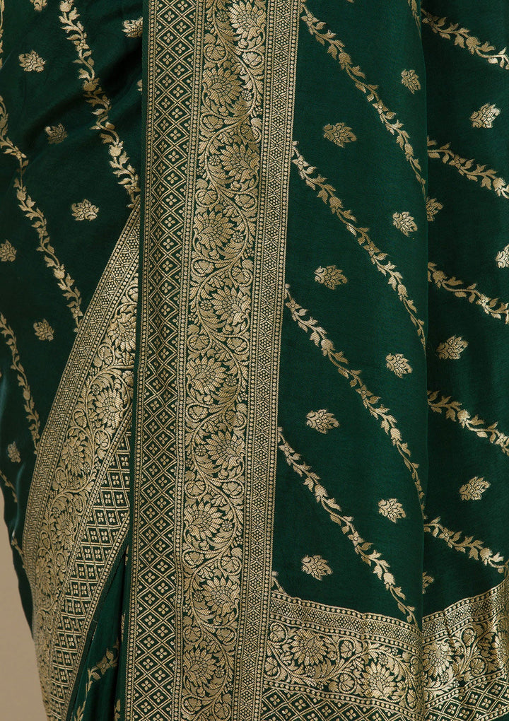 Bottle Green Zariwork Semi Crepe Saree-Koskii
