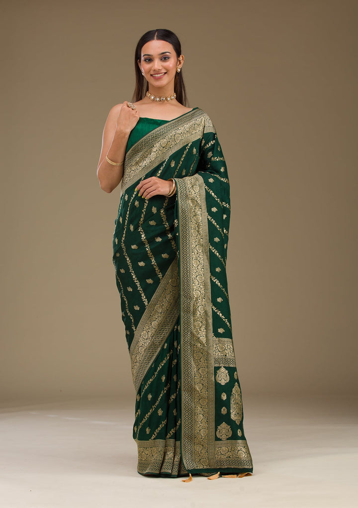 Bottle Green Zariwork Semi Crepe Saree-Koskii