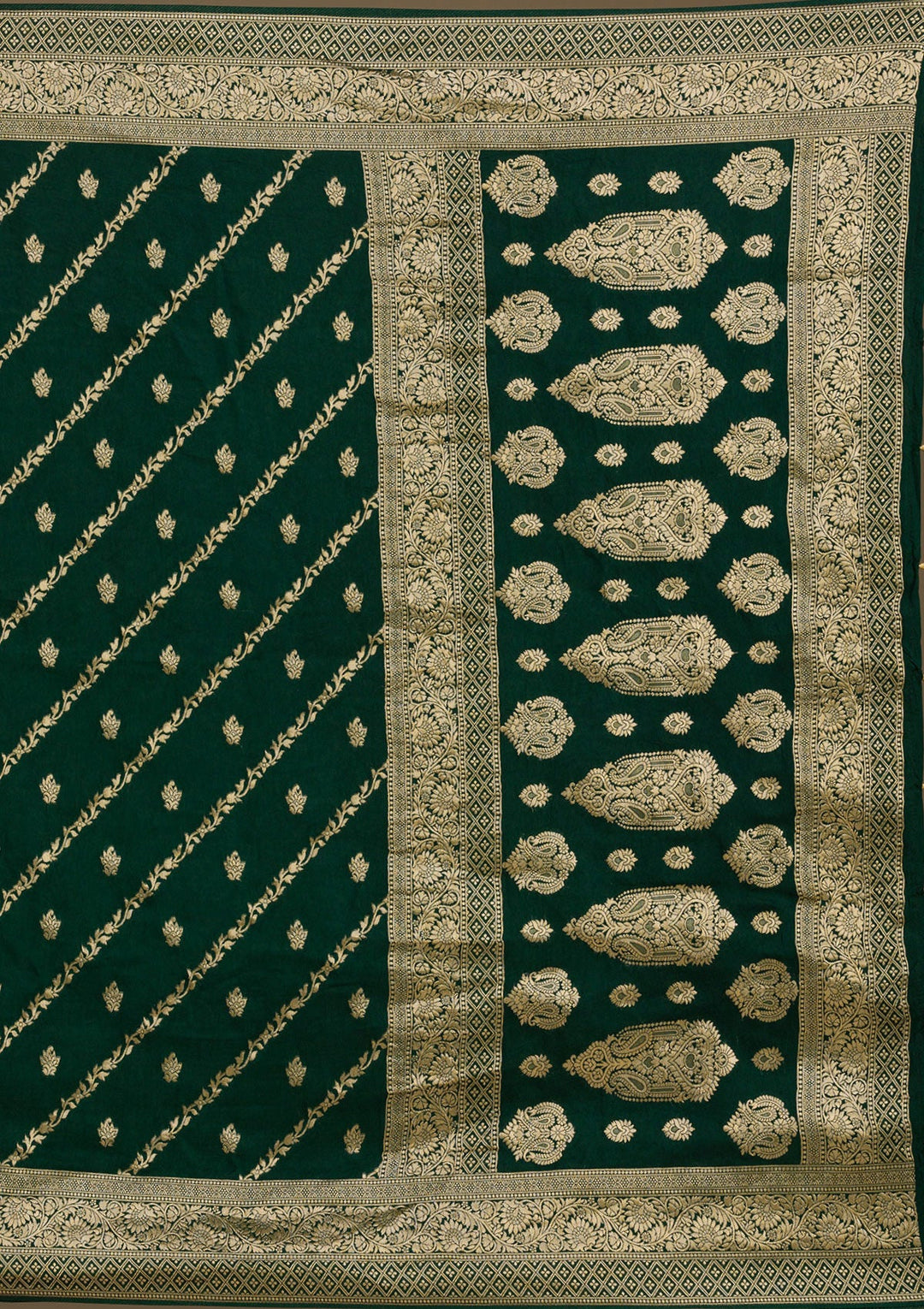 Bottle Green Zariwork Semi Crepe Saree-Koskii