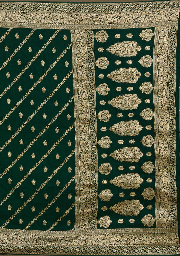 Bottle Green Zariwork Semi Crepe Saree-Koskii