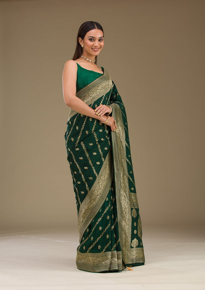 Bottle Green Zariwork Semi Crepe Saree-Koskii