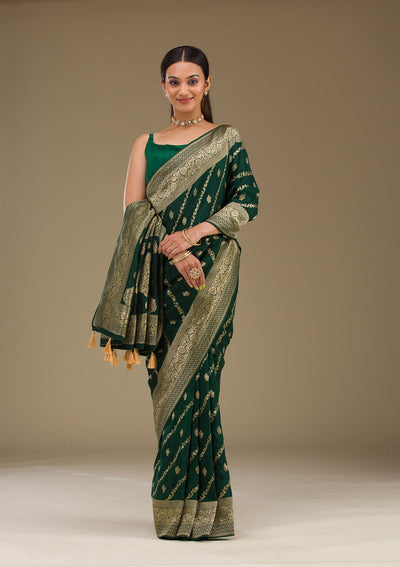 Bottle Green Zariwork Semi Crepe Saree-Koskii