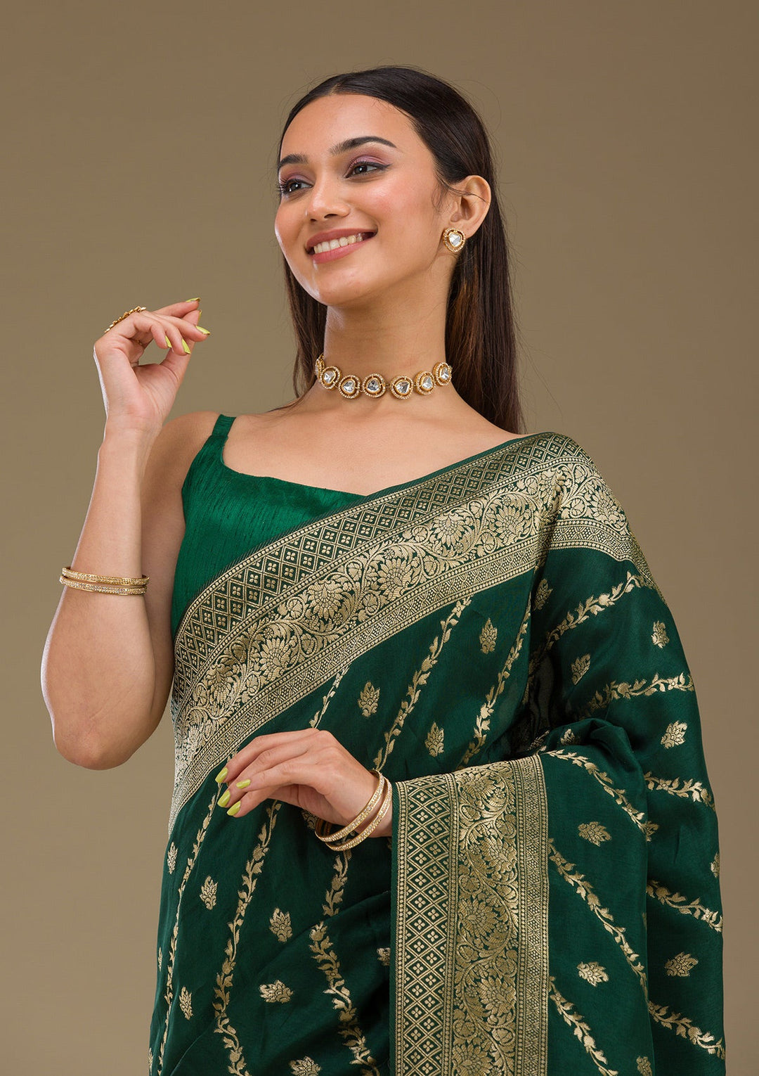 Bottle Green Zariwork Semi Crepe Saree-Koskii