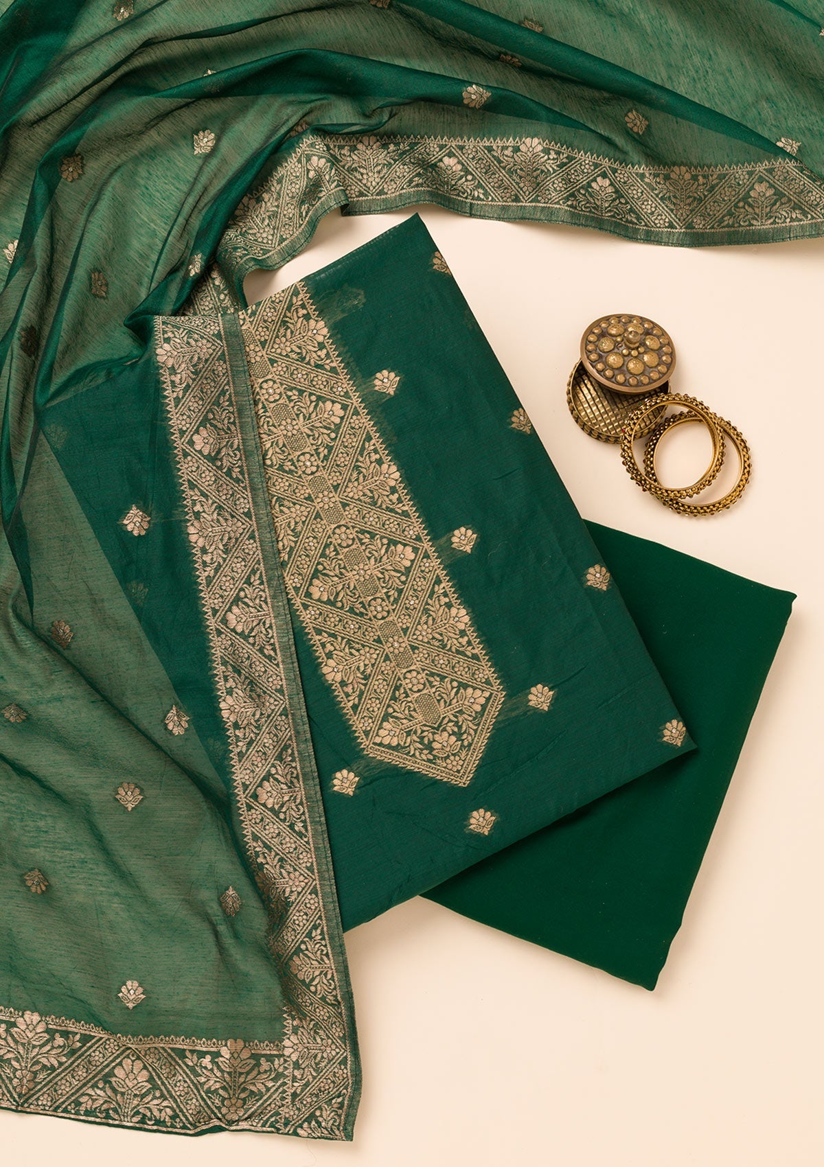 Bottle Green Zariwork Soft Silk Unstitched Salwar Suit-Koskii