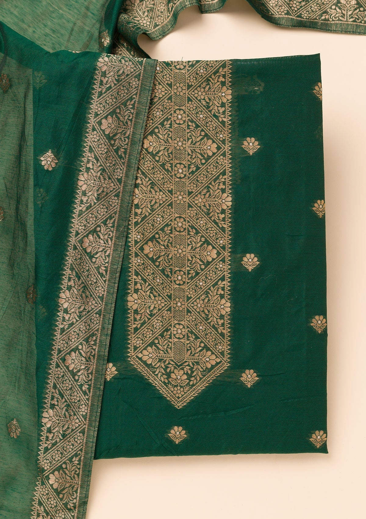 Bottle Green Zariwork Soft Silk Unstitched Salwar Suit-Koskii