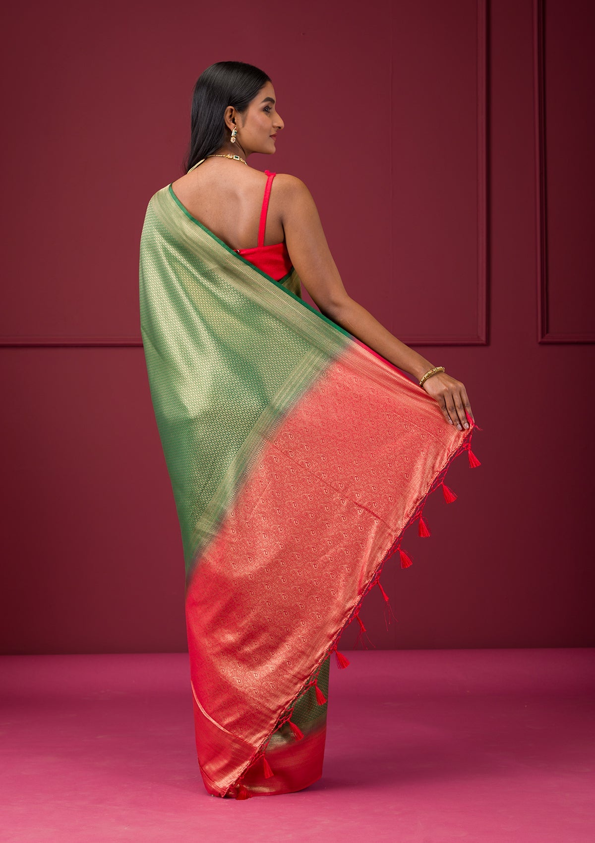 Bottle Green Zariwork Soft Silk Saree-Koskii