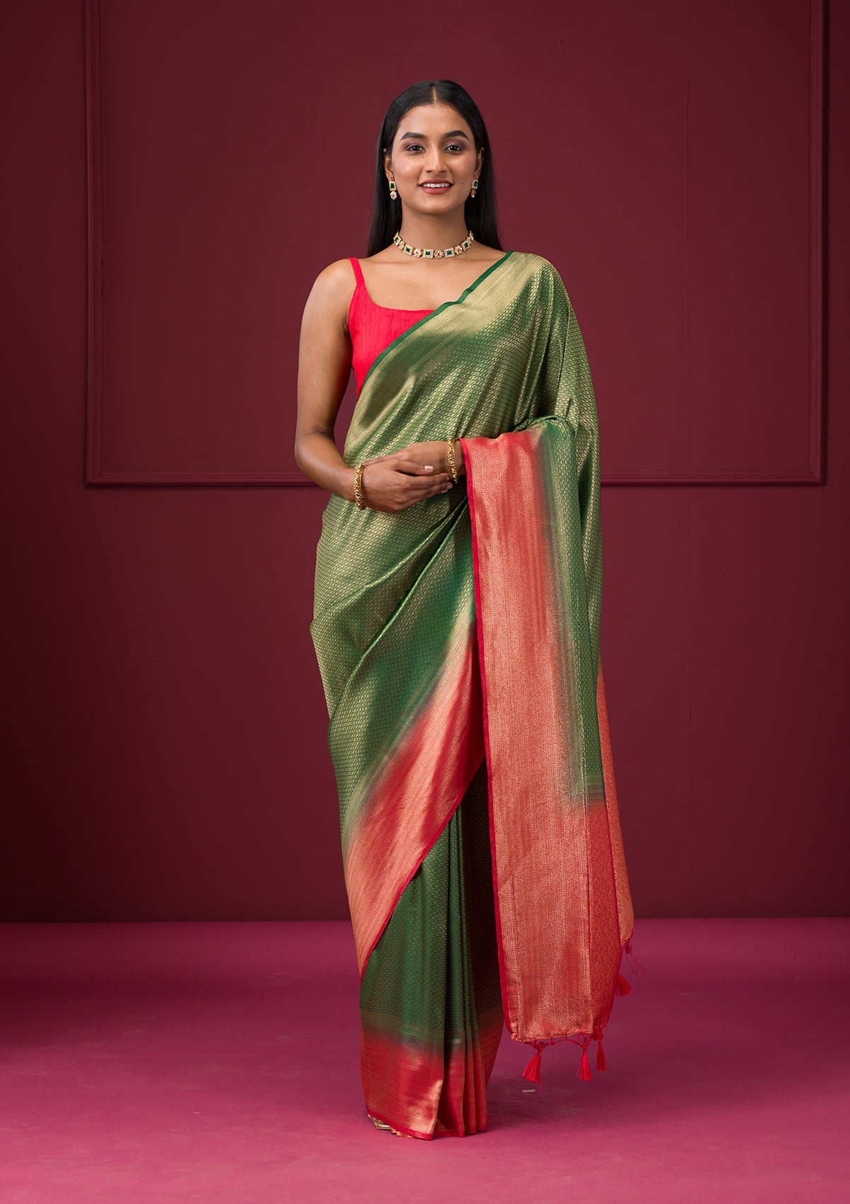 Bottle Green Zariwork Soft Silk Saree-Koskii