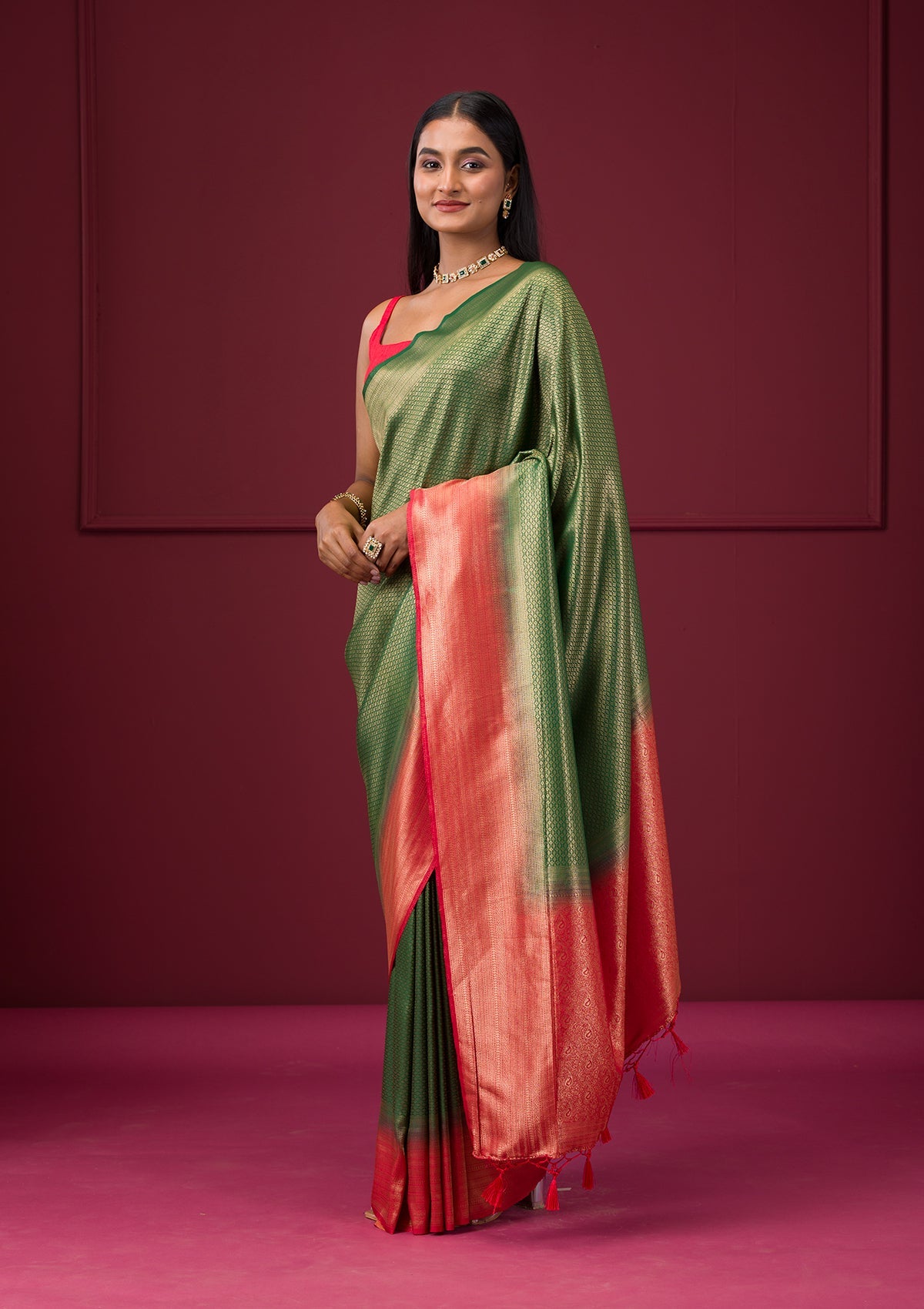 Bottle Green Zariwork Soft Silk Saree-Koskii