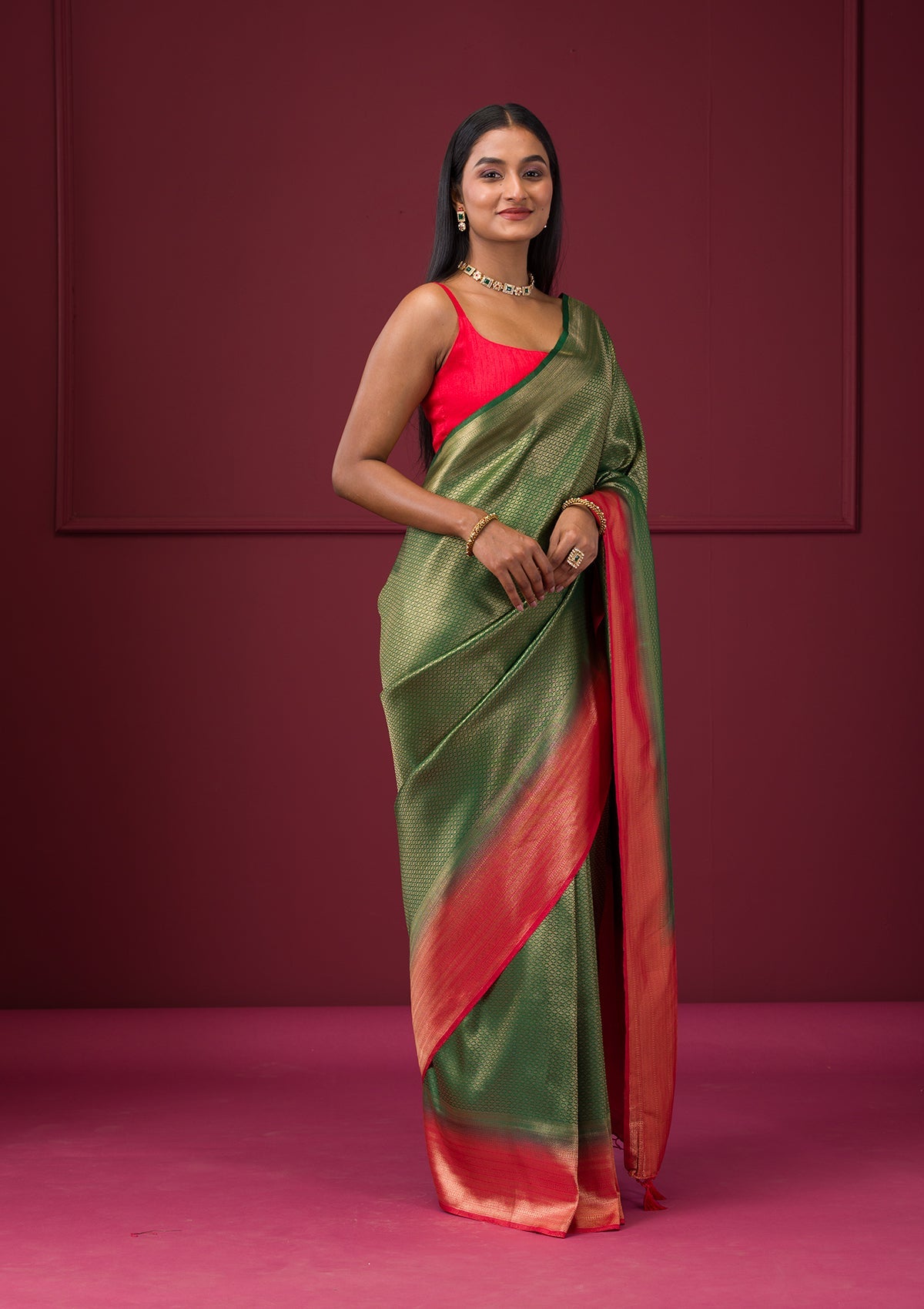 Bottle Green Zariwork Soft Silk Saree-Koskii