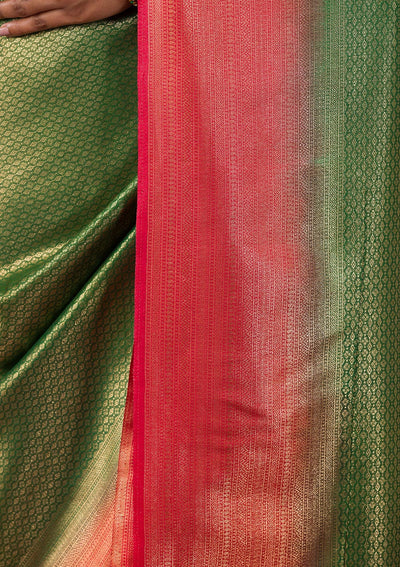 Bottle Green Zariwork Soft Silk Saree-Koskii