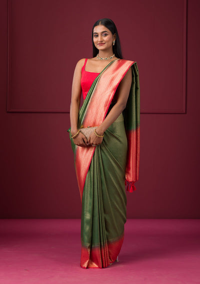 Bottle Green Zariwork Soft Silk Saree-Koskii