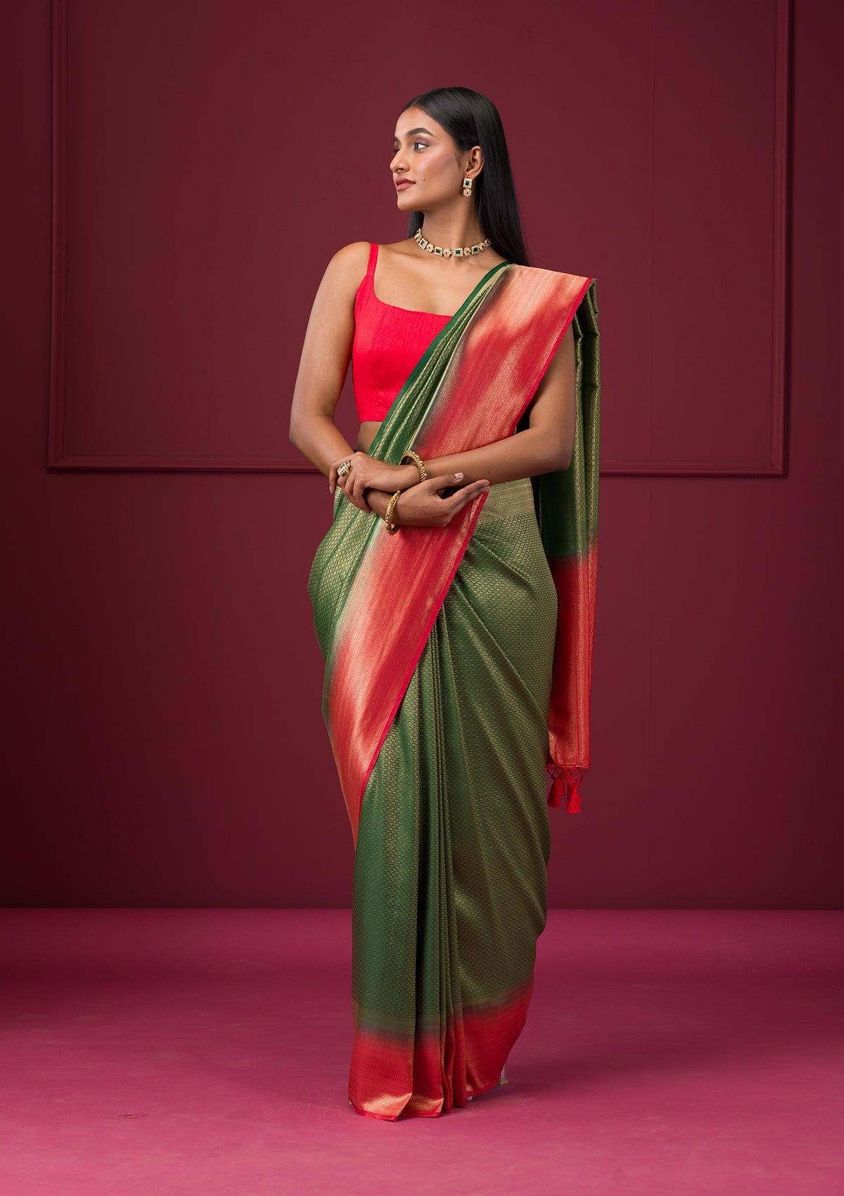 Bottle Green Zariwork Soft Silk Saree-Koskii