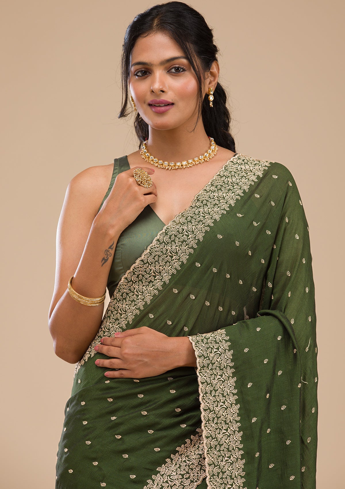 Bottle Green Zariwork Soft Silk Saree