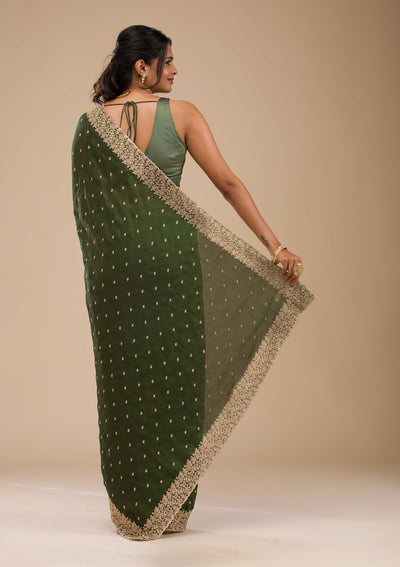 Bottle Green Zariwork Soft Silk Saree