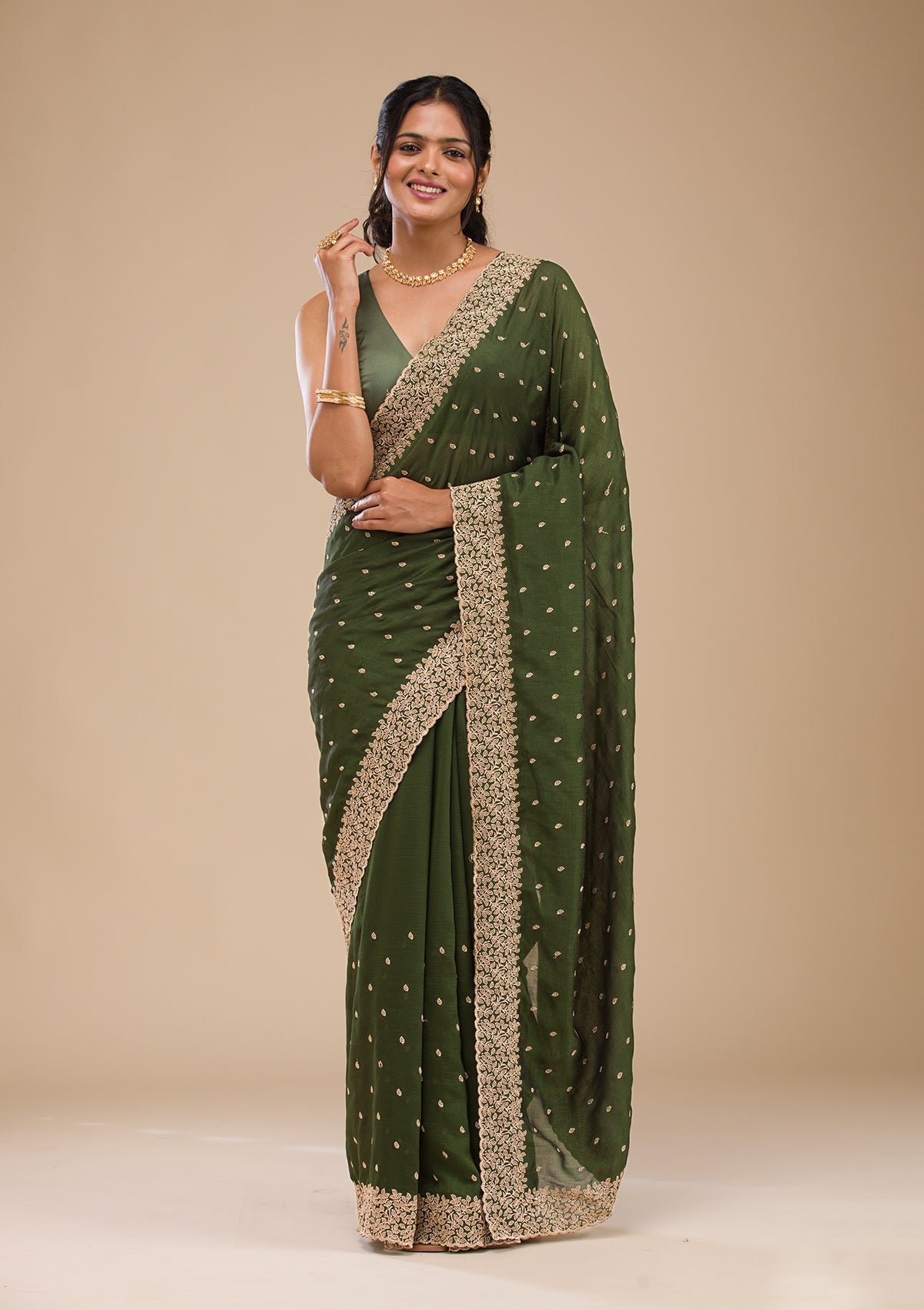 Bottle Green Zariwork Soft Silk Saree