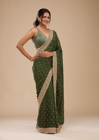 Bottle Green Zariwork Soft Silk Saree