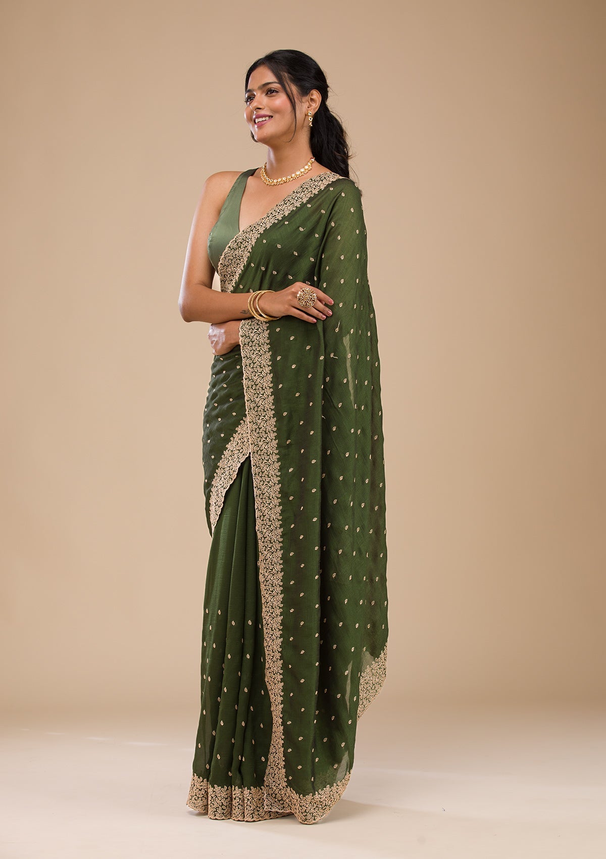 Bottle Green Zariwork Soft Silk Saree